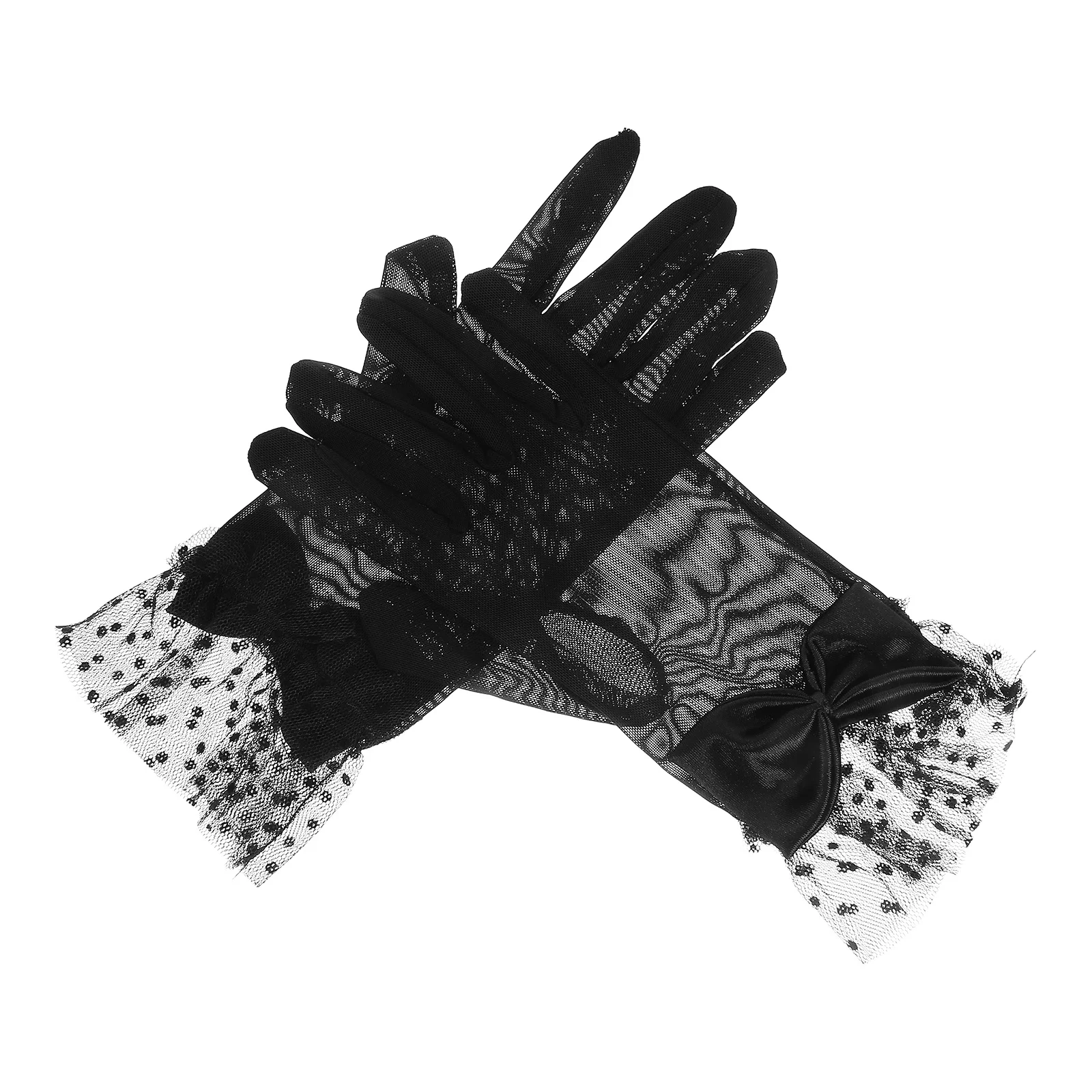 1 paio di guanti in pizzo da donna neri corti in rete floreale al polso eleganti guanti da tè per feste di matrimonio, banchetti serali