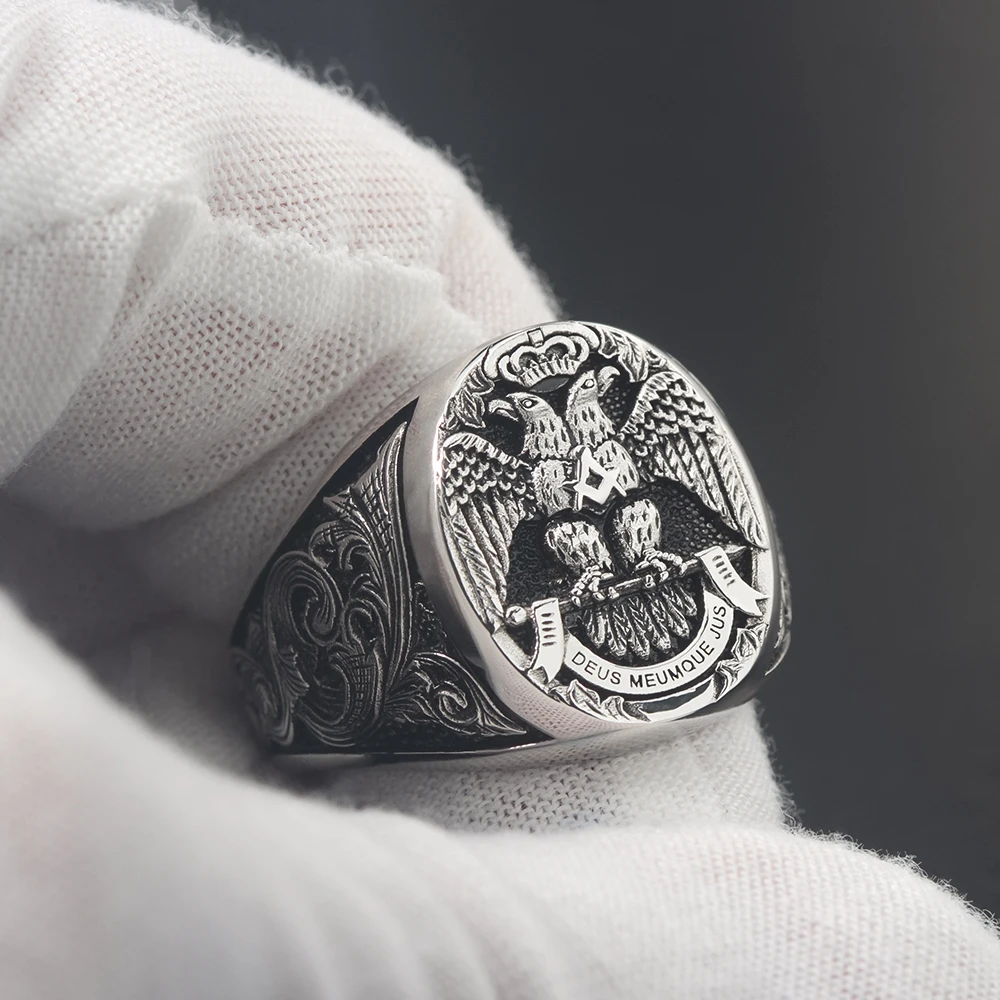 Masonic Scottish Rite 33 Degree Double Head Eagle Phoenix Hand Engraved Sterling Silver Ring