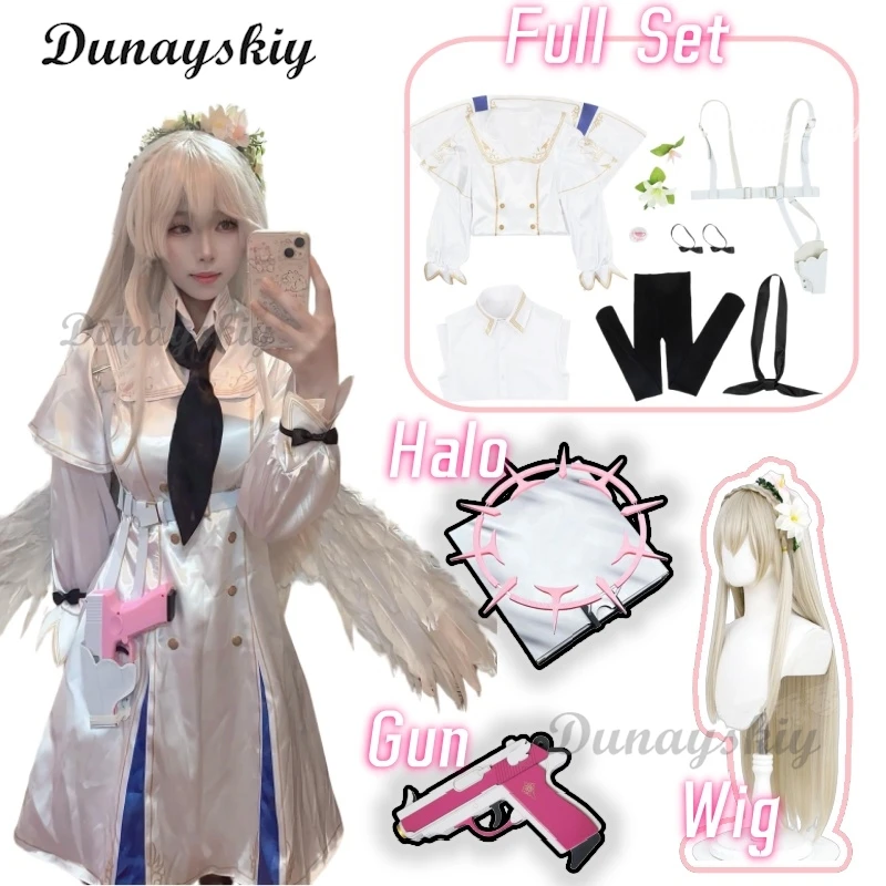 Anime Game Blue Archive Cosplay Kirihuji Nagisa White Dress Wing Women Girl Halloween Cosplay Costume Flower Headwear Halo Wig