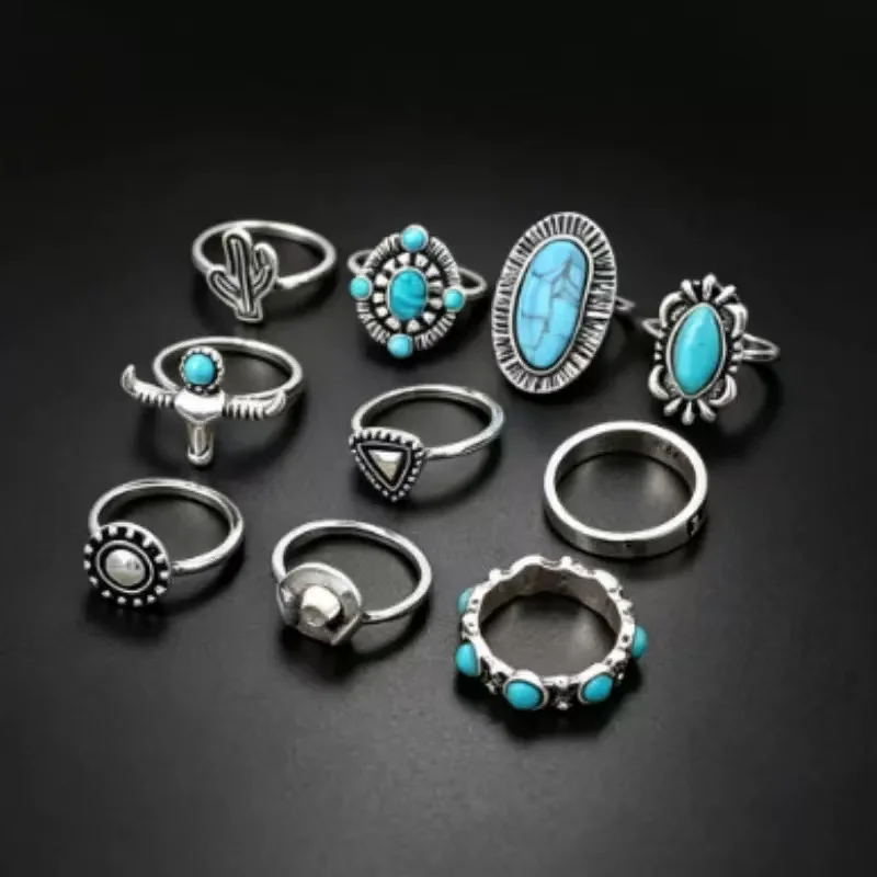 10PCS Retro Fashion Turquoise Tauren Lotus Sun Design Men's and Women's Rings Daily Set Jewelry Gifts