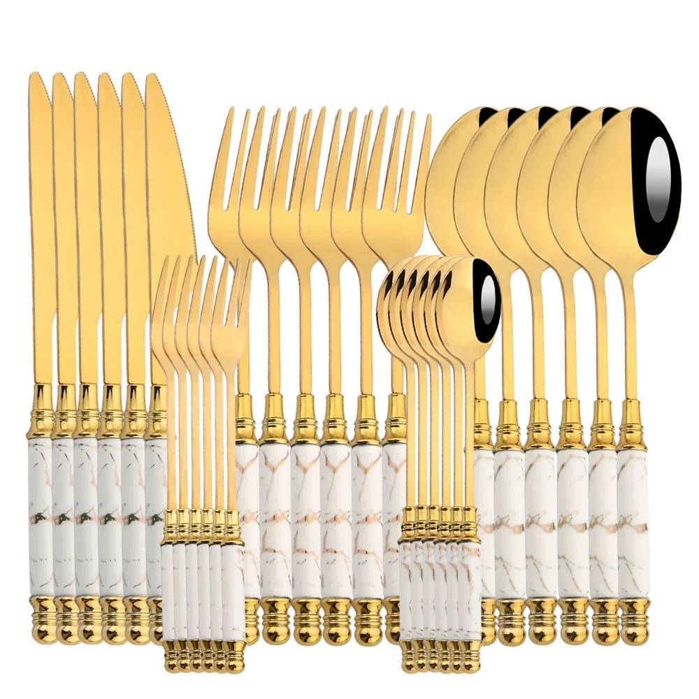 

30Pcs Tableware Set Mirror Ceramic HandleGold Flatware Fork Spoon Knife Set Stainless Steel Dinnerware Cutlery Set Dinner Set