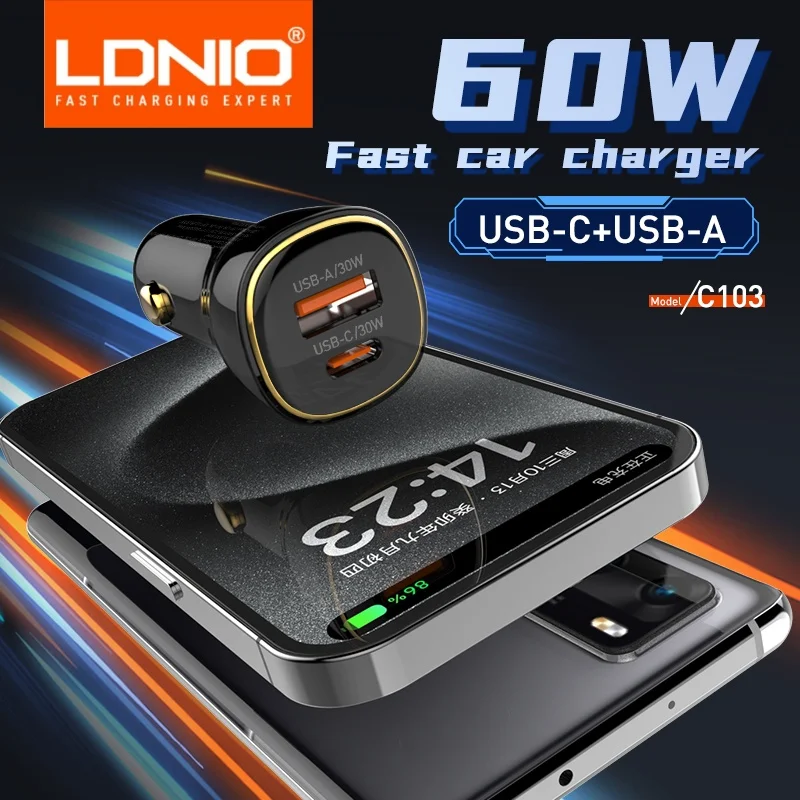 LDNIO 60W USB Car Charger Fast Chargers Type C PD30W+QC30W Quick Charge For Iphone 14 15 Pro Max Xiaomi Samsung Galaxy S24 Ultra