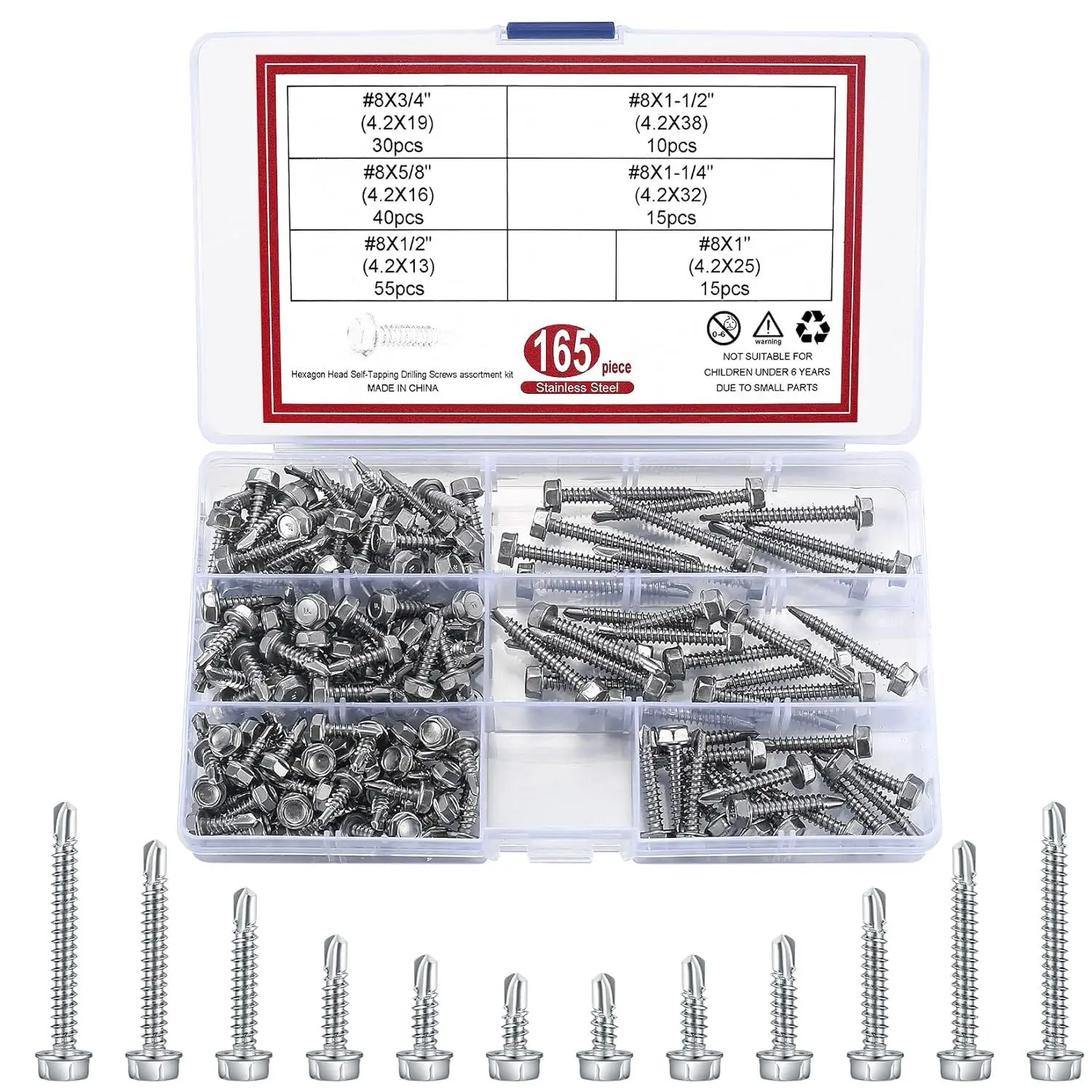 165pcs External Hexagonal Huasi Drill Tail Set, 410 Stainless Steel Hexagonal Dovetail Self Tapping Self Drilling Screw Box