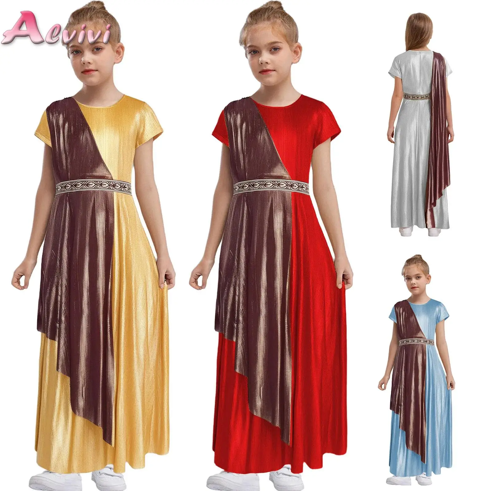 

Kids Girl Ancient Greek Dress Greece Roman Queen Robe Carnival Halloween Costumes Sleeveless Metallic Toga Holiday Cosplay Dress
