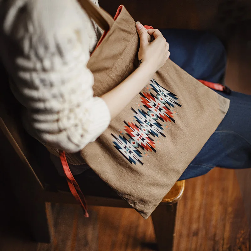 Maden Vintage Women's Khaki Canvas Tote Bag Navajo Print Handbag with Red Drawstring Shoulder Bag Vintage Causal Hobo Bag