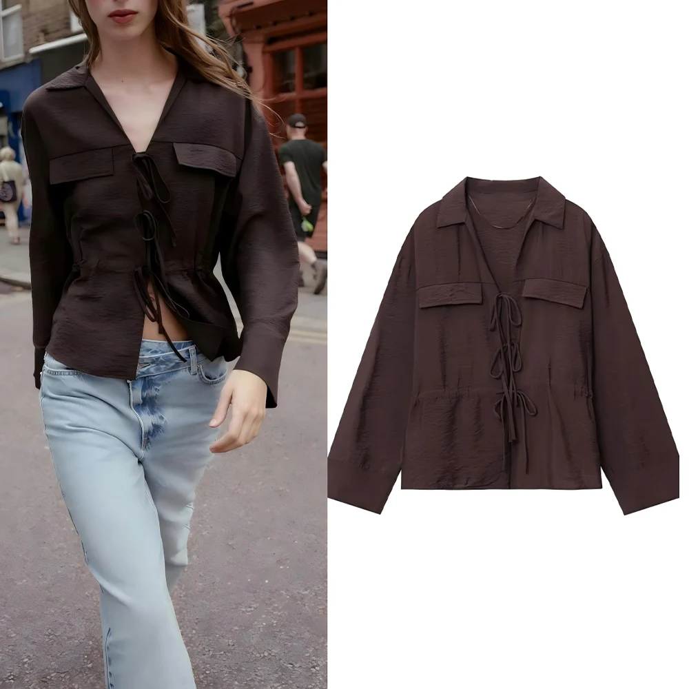 

Новая женская модная рубашка с бантом на шнуровке и украшением, повседневная универсальная рубашка с лацканами, женская рубашка в стиле ретро с длинными рукавами, шикарный топ