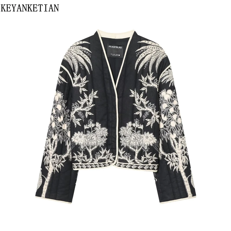 

KEYANKETIAN 2025 Winter New Ethnic style Totem Print Quilted Jacket Covered Button Loose Women's Casual Coat Outerwear Thin Top