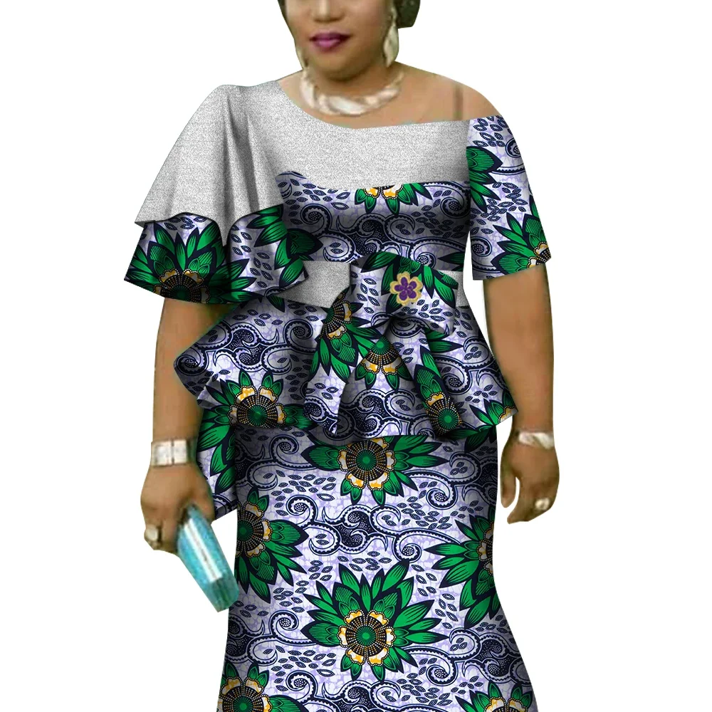 African Ruffles Sleeve Print Tops and Skirt Sets for Women Bazin Riche African Clothing 2 Pieces Customize Skirts Sets WY4392
