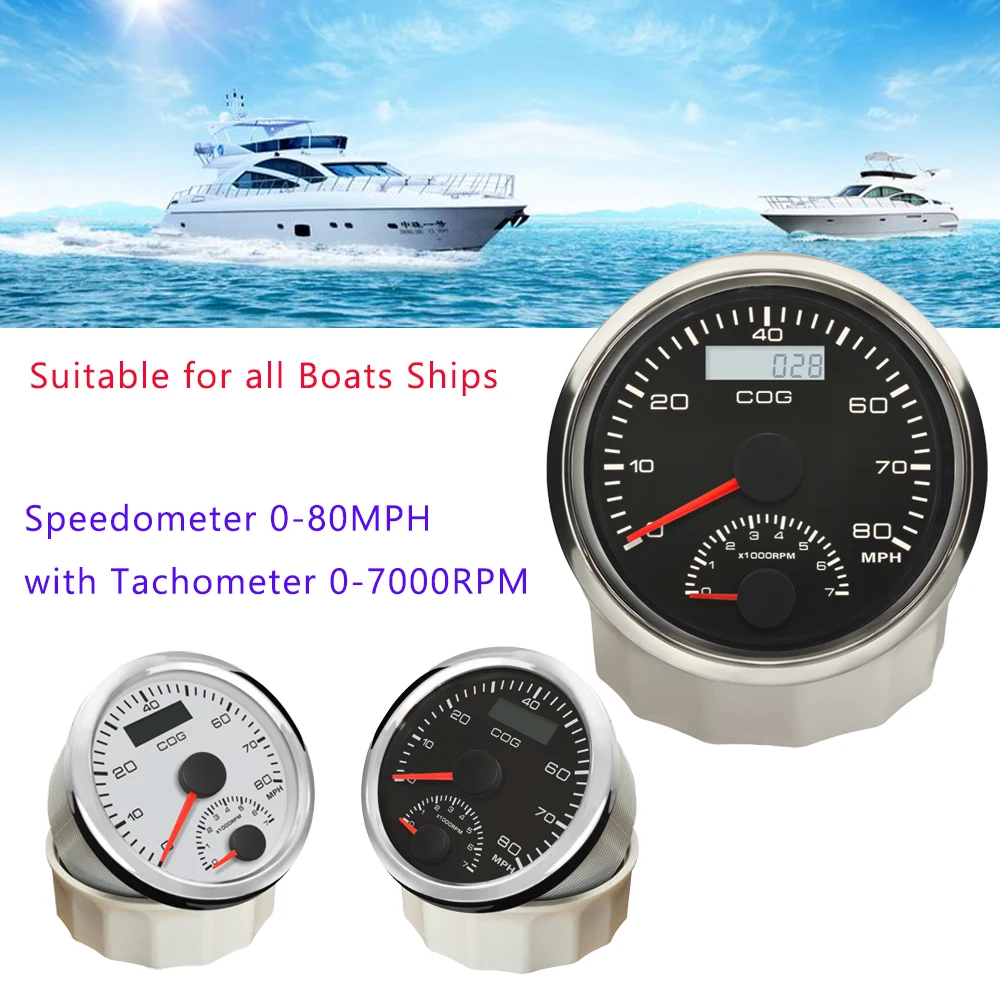 

RHAXEL 85mm GPS Speedometer with Tachometer 80 MPH 7000 RPM Boat Gauge Set for Marine Vessels Ships 12V 24 V with GPS Antenna