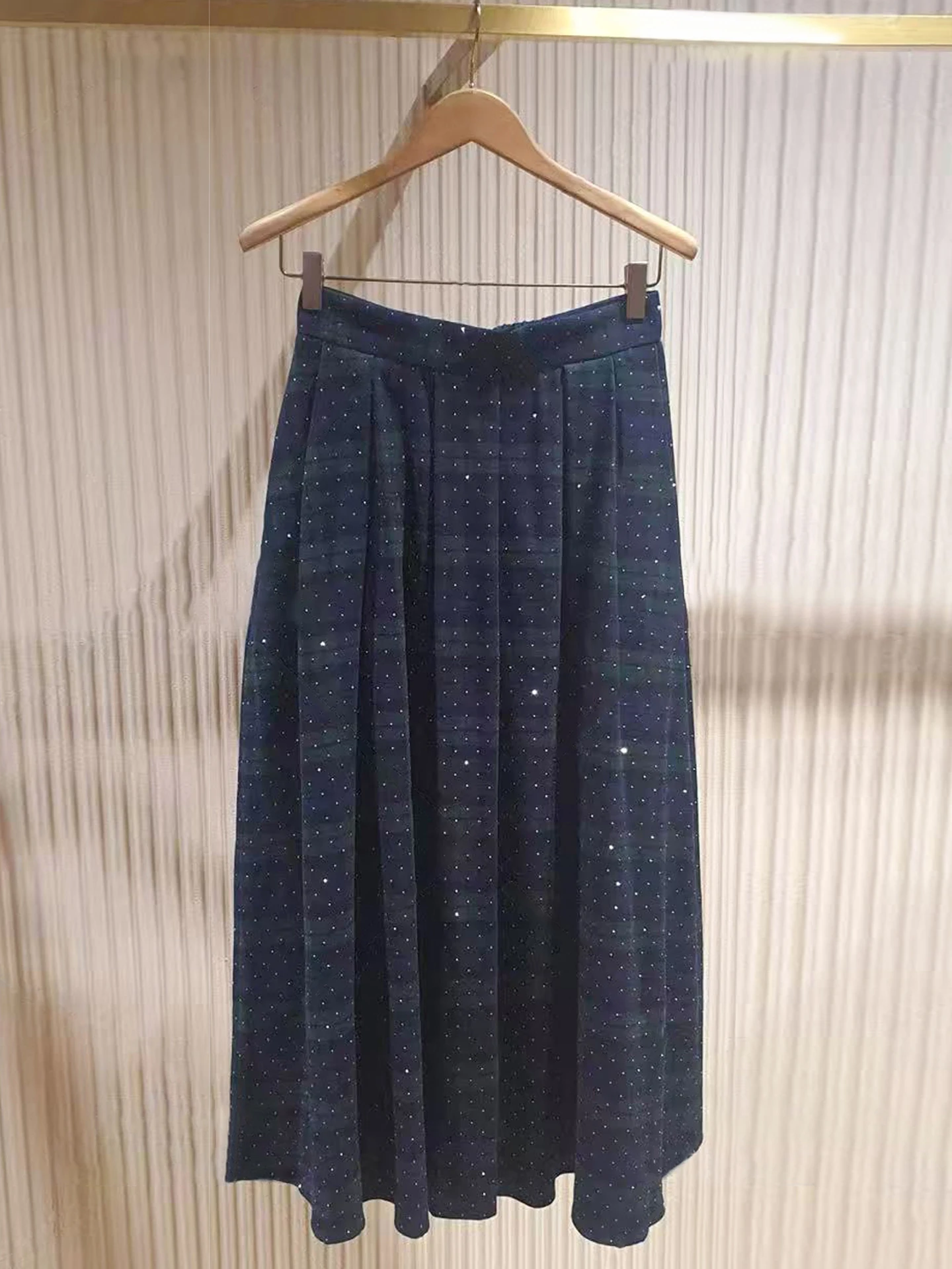 

M Home Nan You High End Women's Long Plaid Skirt Glittering Diamond College Sle Autumn Collection A-Line Midi Skirt