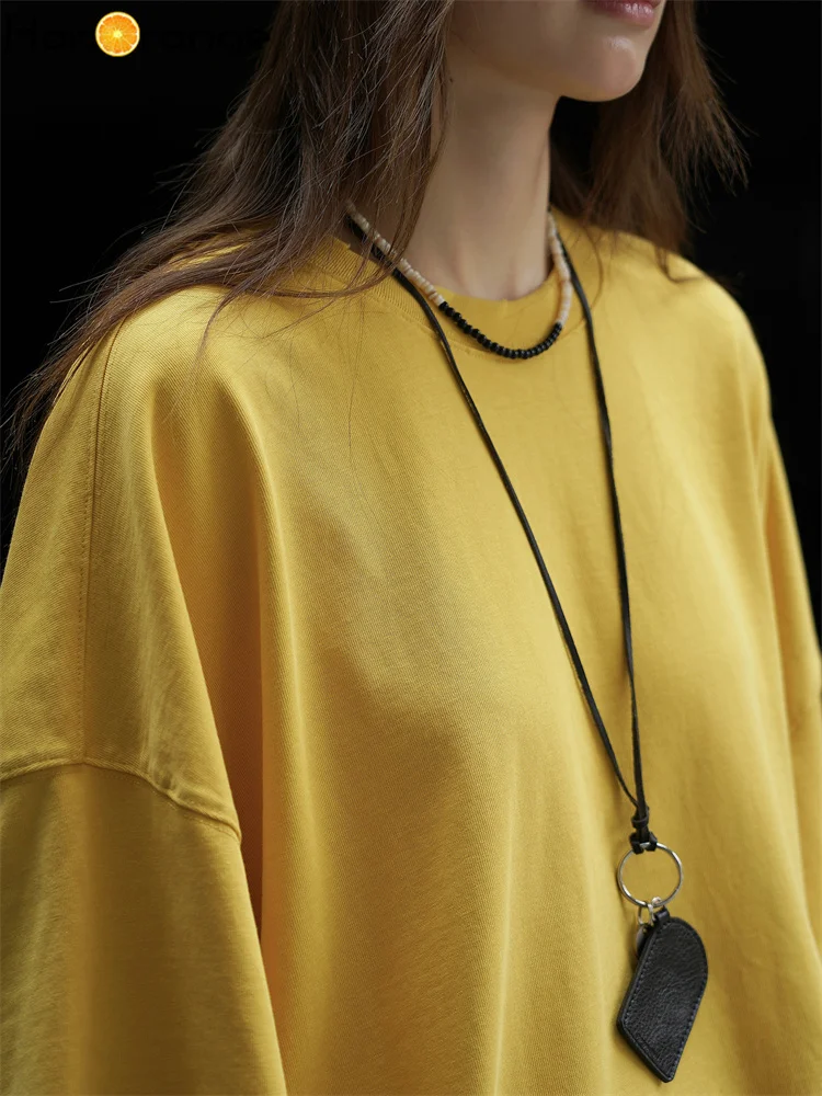 HanOrange 2025 Frühherbst-Garnärmel 600 g Baumwoll-T-Shirt für Damen, lässiges Top, T-Shirts, Weiß/Schwarz/Gelb