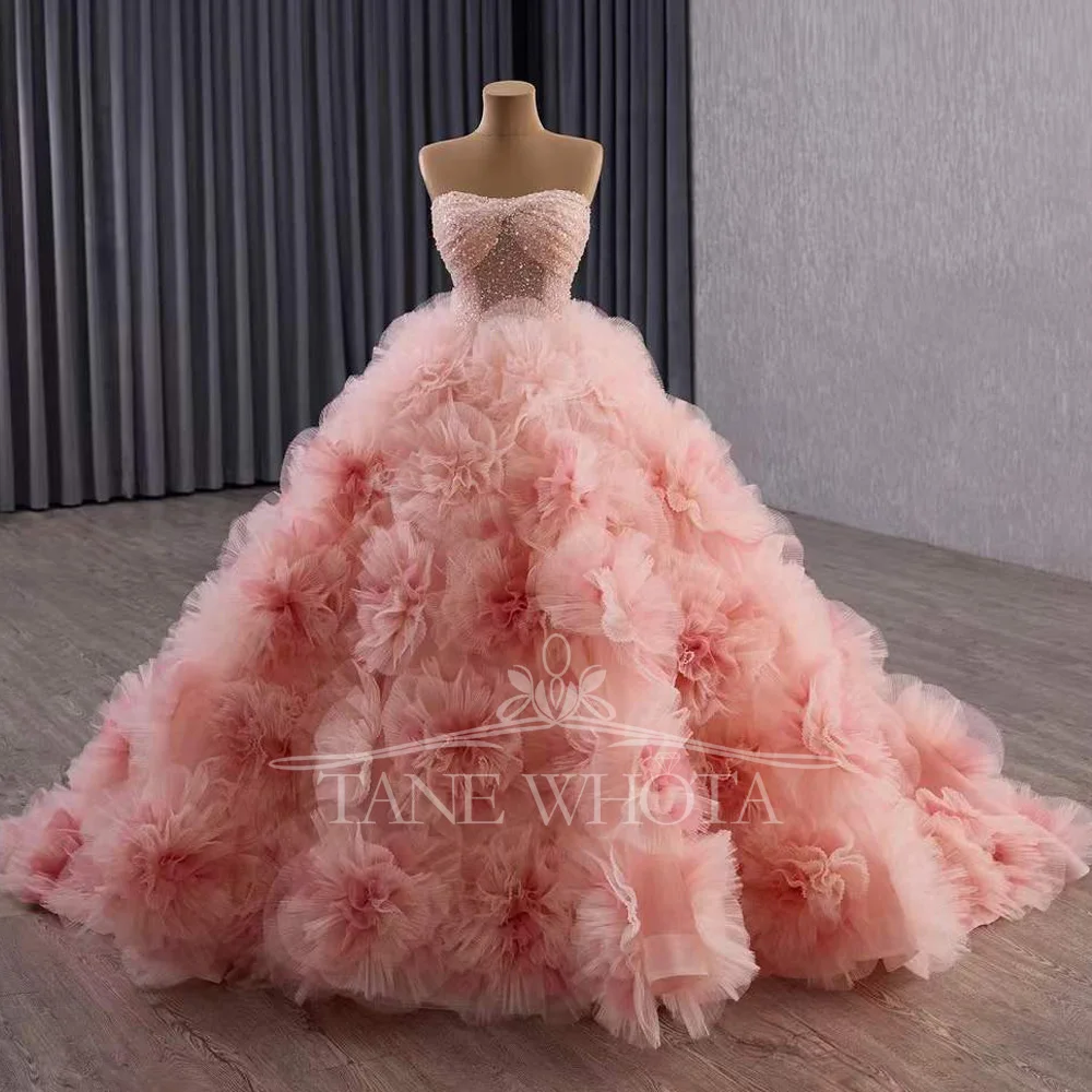 

Настраиваемое розовое платье Quinceañeras для выпускного вечера без бретелек со шнуровкой сзади и блестками с 3D цветами и кристаллами Vestidos De 15