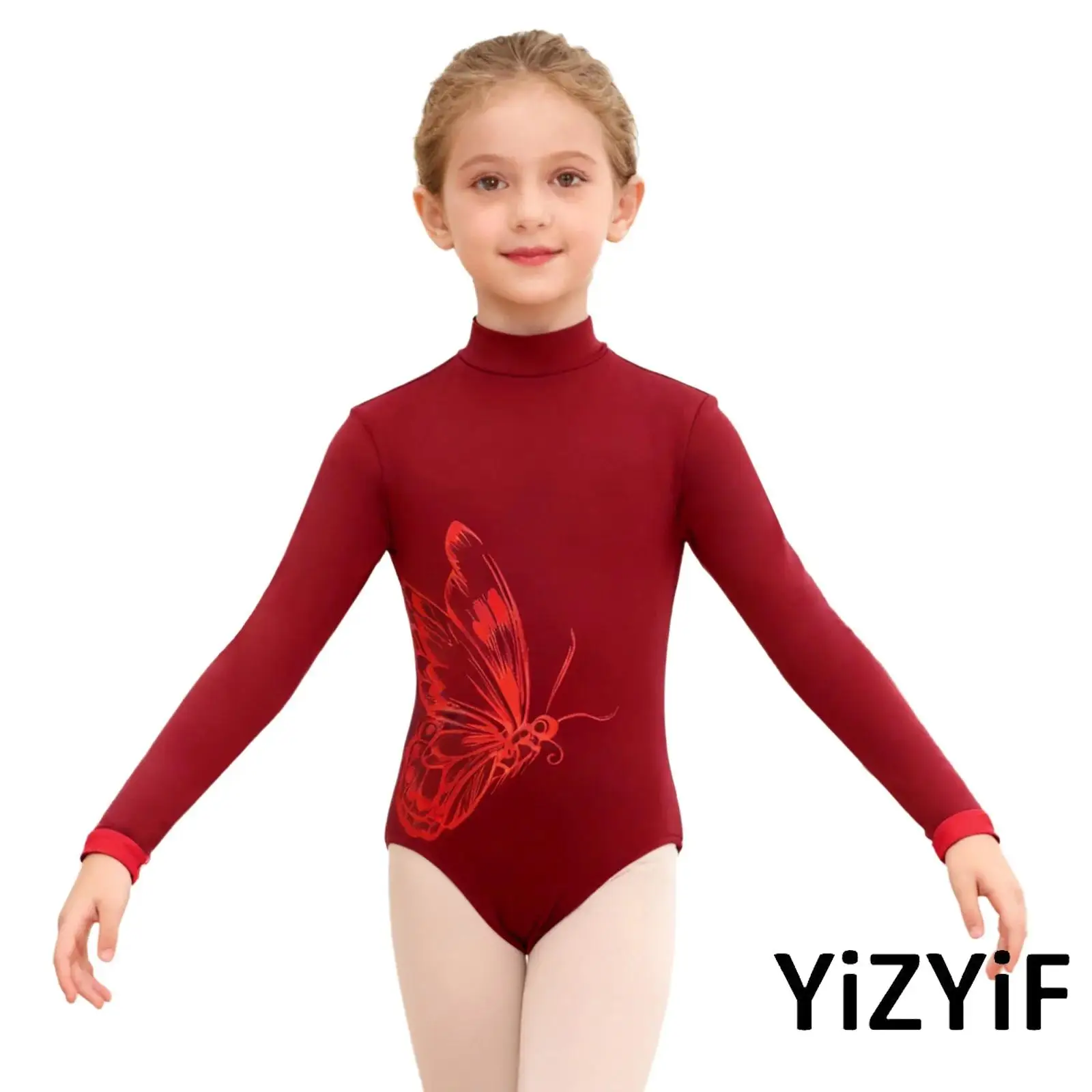 

Kids Girls Lyrical Dance Leotard Long Sleeve Butterfly Pattern Back Invisible Zipper Gymnastics Ballet Dance Bodysuit Dancewear