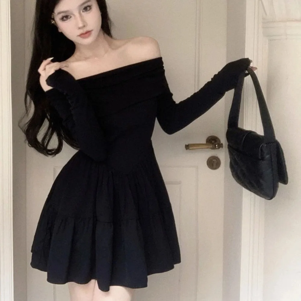 

Spicy Girl Long Sleeved Slim Short Skirt Slim Fit Korean Fashion One Collar Dress Leisure Y2K A-line Short Skirt Club