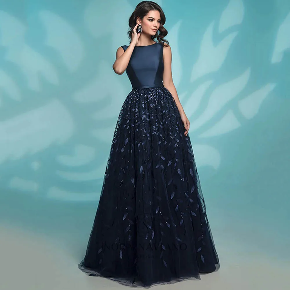 

Elegant Sequin Satin Evening Dresses Dark Blue Boat Neck Summer A-line Floor Length Women Party Prom Wear