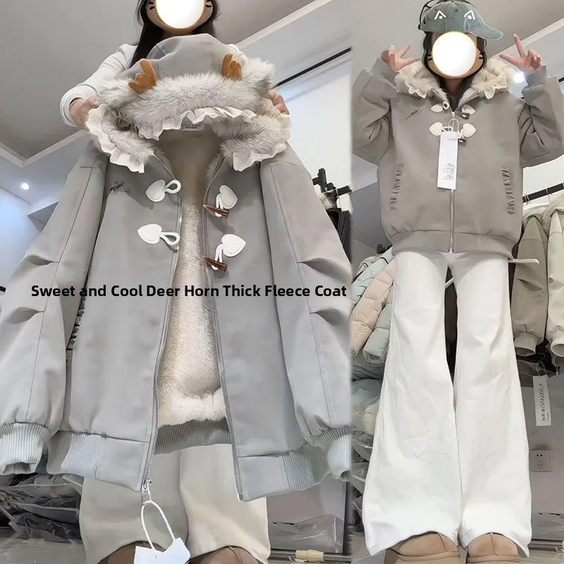 

ay Deer Antler Hat Thiened Fce Women's Winter Coat Loose Warm Buttoned Jaet Sweet Sle Long Sve Zipper Pure Color