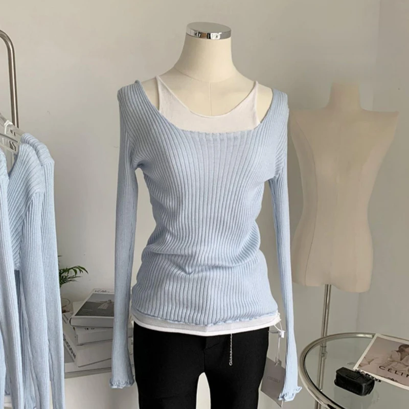 Fake 2 Pcs Sweater Pullovers Women Trendy Spliced Knit Autumn Winter New Design Tops Gentle Ulzzang Female Casual Simple Basic