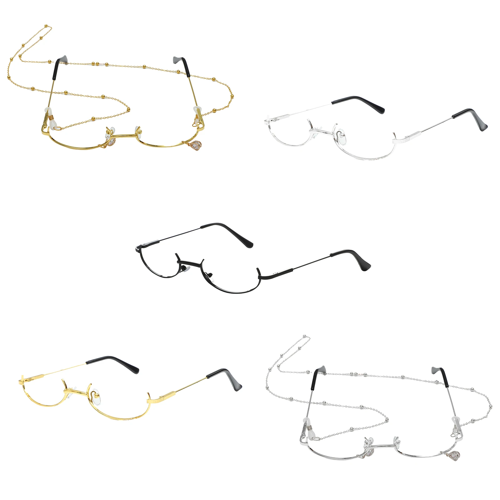 금속 프레임 장식 안경 하프 프레임, 렌즈 없음, 빛나는 펜던트, 랜야드 안경, 사진 촬영 액세서리