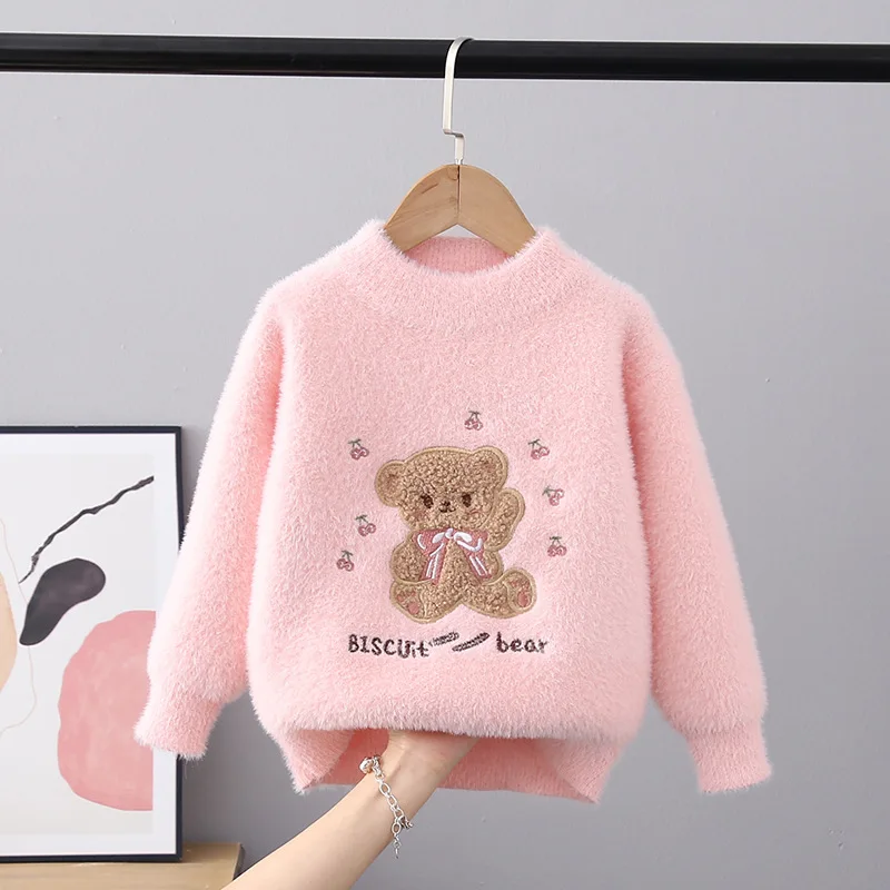 Autumn Winter 2022 Children\'s Sweater Pullover Girls\' Round Neck Knitwear Flocking School 3-11 Years Teenage Girls Tops FY10051