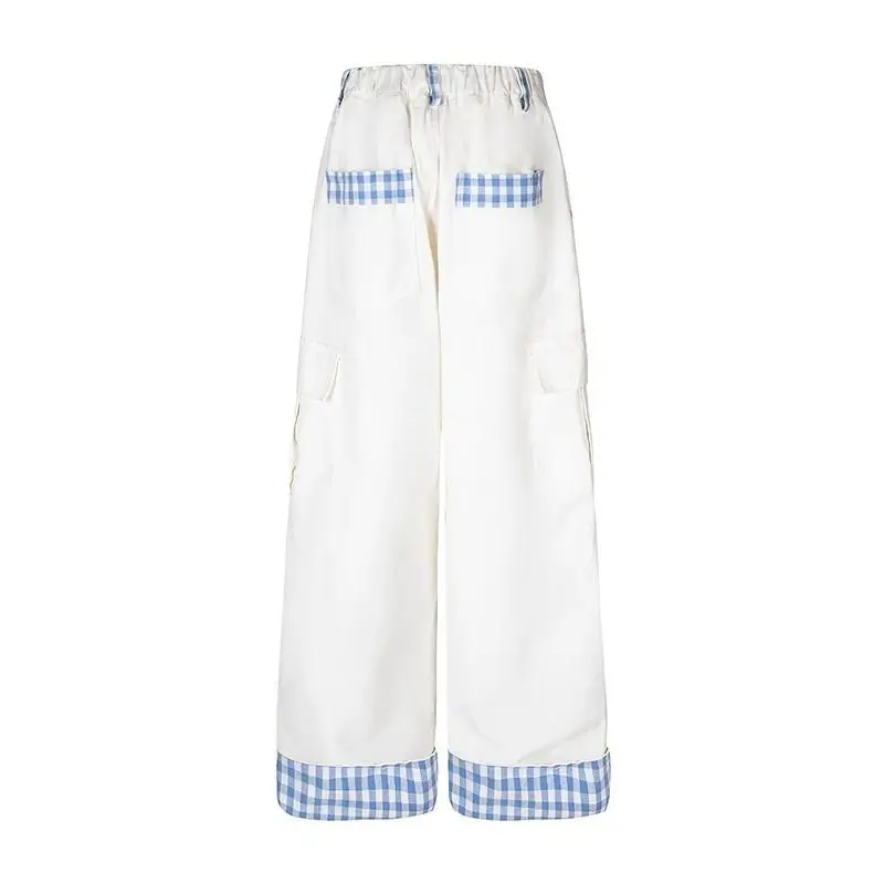 Y2K Puppy Jeans High Waist Checkered Patchwork Work Pants American Retro Loose Fit Straight Leg Wide Leg