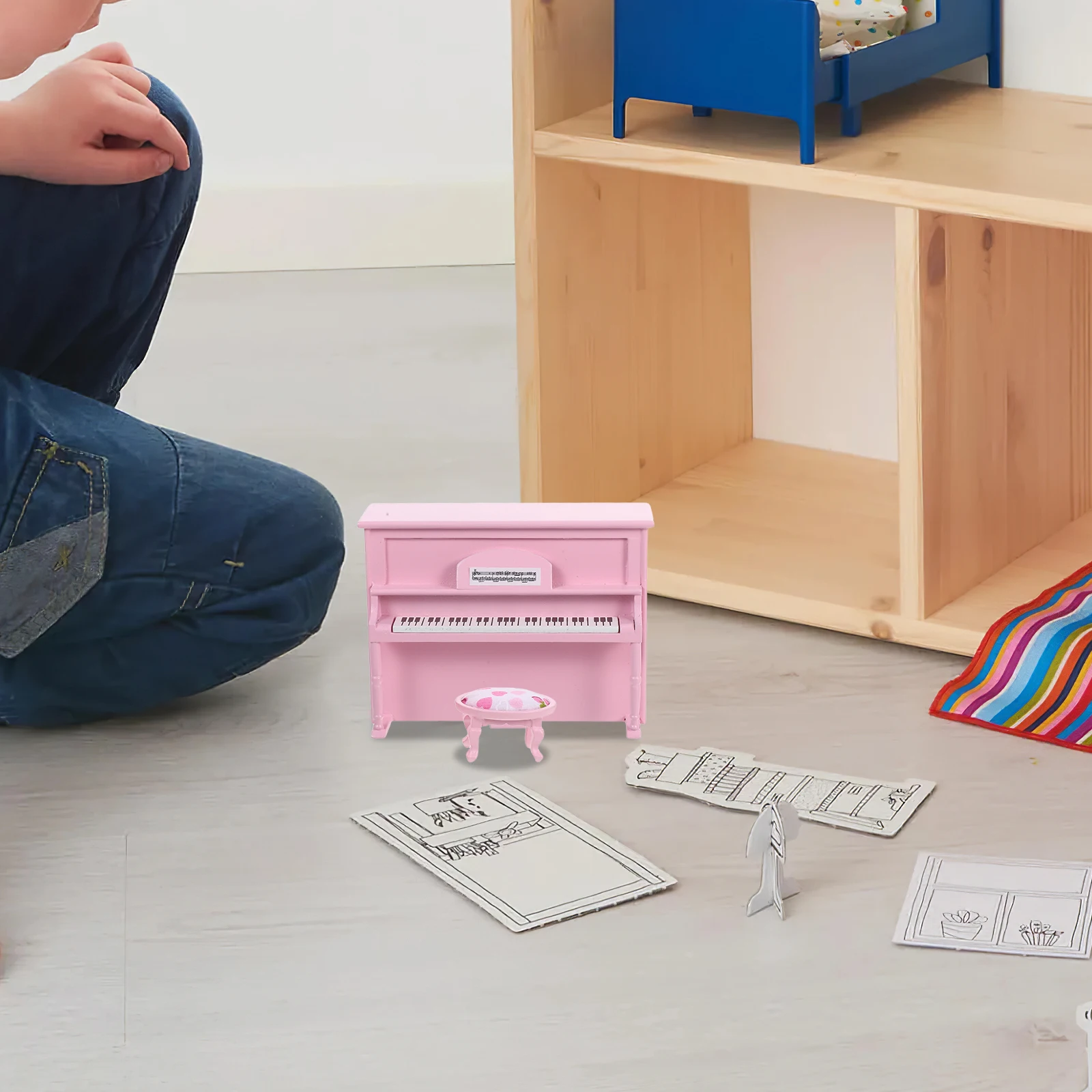 

Mini Piano Decoration Dollhouse Upright Fairy Garden Keyboard Toy for Music Furniture Wooden with Stool