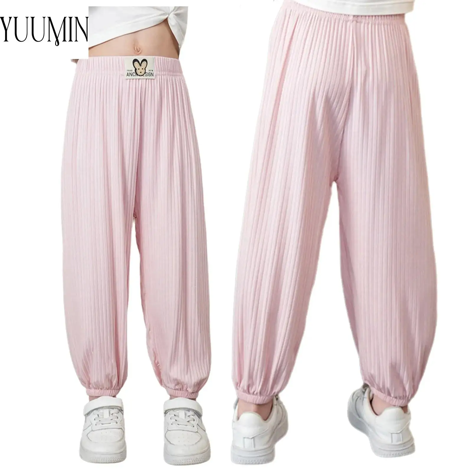 

Kids Girls Ribbed Stretchy Sports Pants Homewear Loungewear Elastic Waistband Solid Color Sweatpants for Casual Cycling Workout