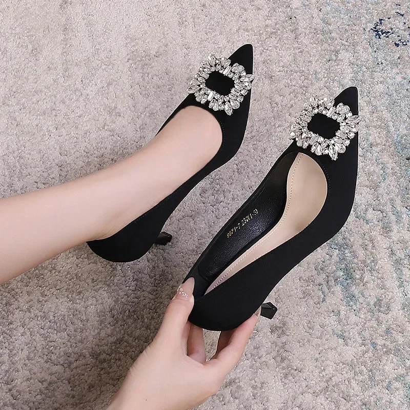 

Women Shoes Fashion Rhinestone Square Buckle Bridesmaid Wedding Shoes Solid Flock Pointed Toe Stiletto Pumps French High Heels