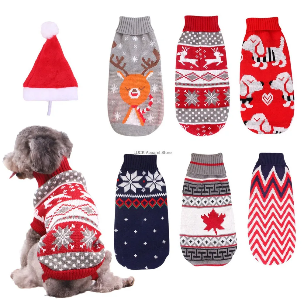 Christmas Reindeer Cosplay Costume Maple Leaf Snowflake Pet Clothes High Neck Knitted Sweater Dog Cat Clothes Winter Coat