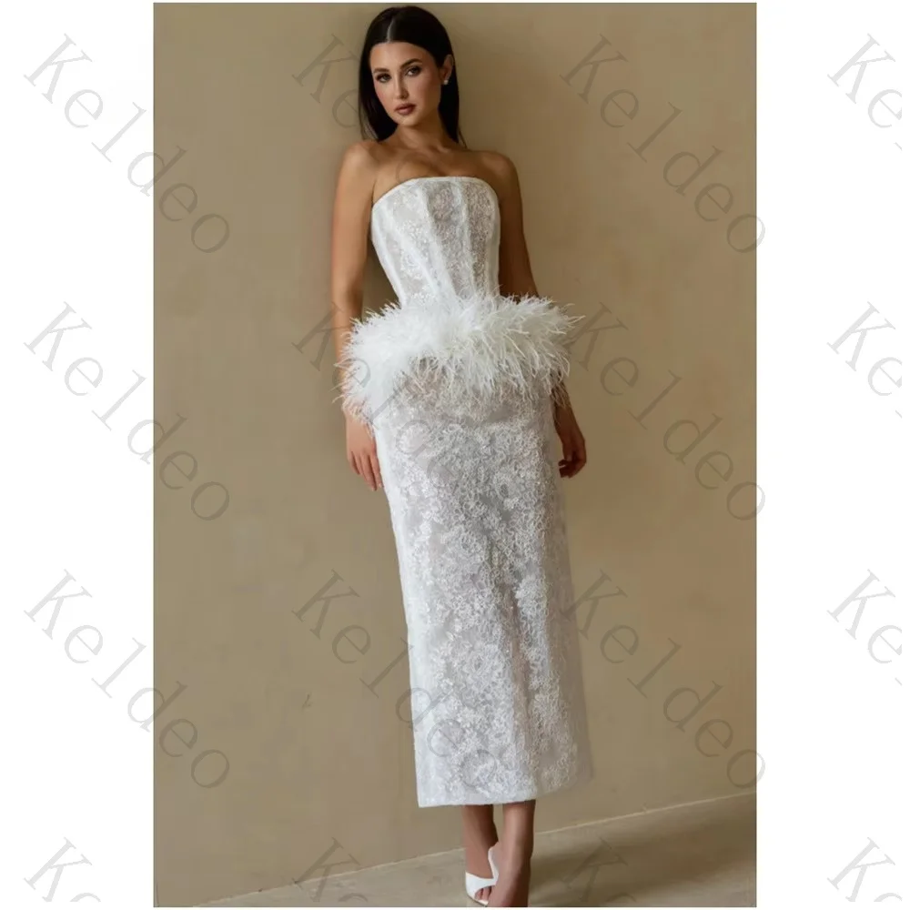 Customized Elegant Strapless A-line Sleeveless Wedding Dresses Lace Applique Feather Lace-Up Open Back Ankle Length Bridal Gowns