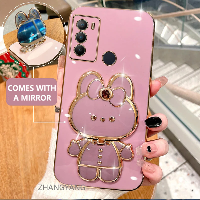 Case For Moto G60 G40F Electroplated straight edge silicone phone case cute 3D rabbit with built-in mirror for anti drop image 2