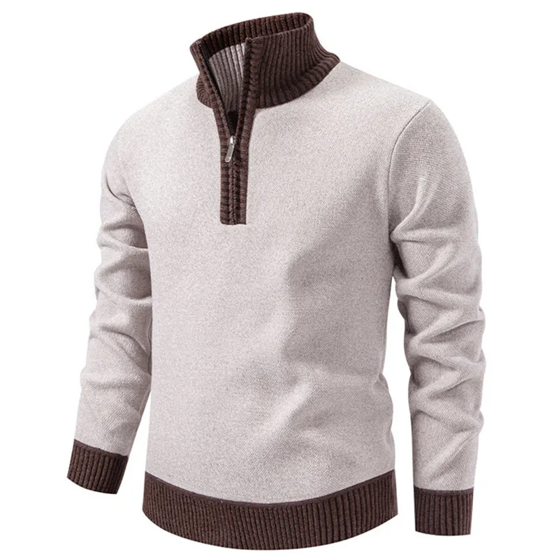 Autumn Winter Half Zipper Patchwork Knitted Sweater Men Stand Collar Smart Casual Knit Pullovers Mens Warm Pullover Sweaters