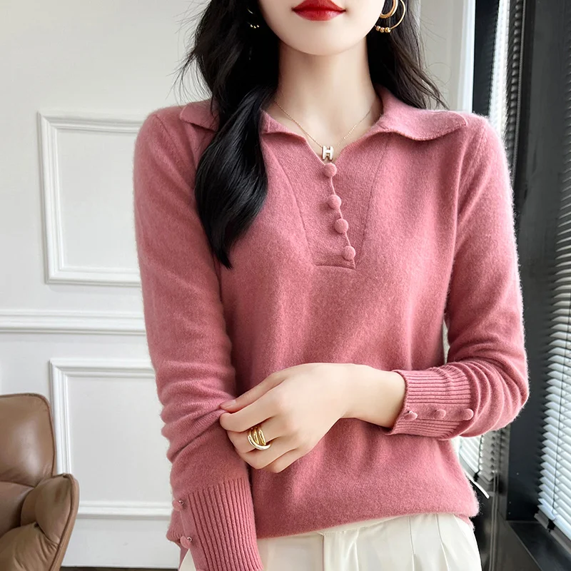 2024 Autumn/Winter New Cashmere Sweater 100% Merino Wool Knit Pullover Korean Edition Women's Clothing Flip Collar Sweater Tops