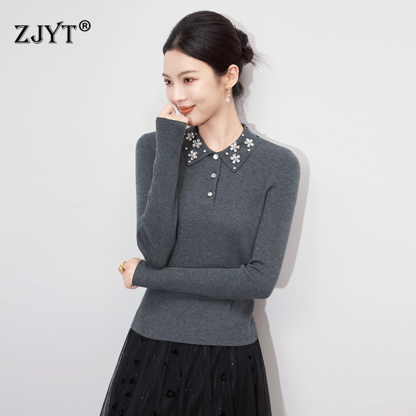 

ZJYT новый осенне-зимний женский пуловер, свитер с отложным воротником и бриллиантами, вязаный топ, базовый элегантный трикотаж, женский трикотаж