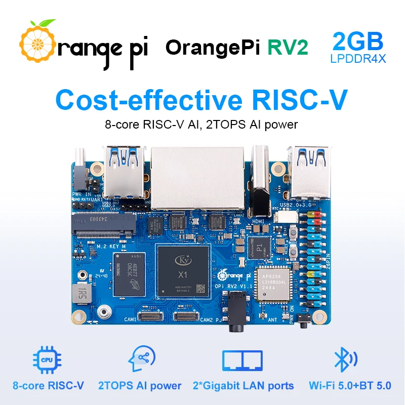 Orange Pi RV2 2GB RAM Single Board Computer DDR4 8-Core RISC-V 2TOPS AI CPU WiFi BT5.0 BLE M2 PCIE SSD Mini PC Support Ubuntu OS