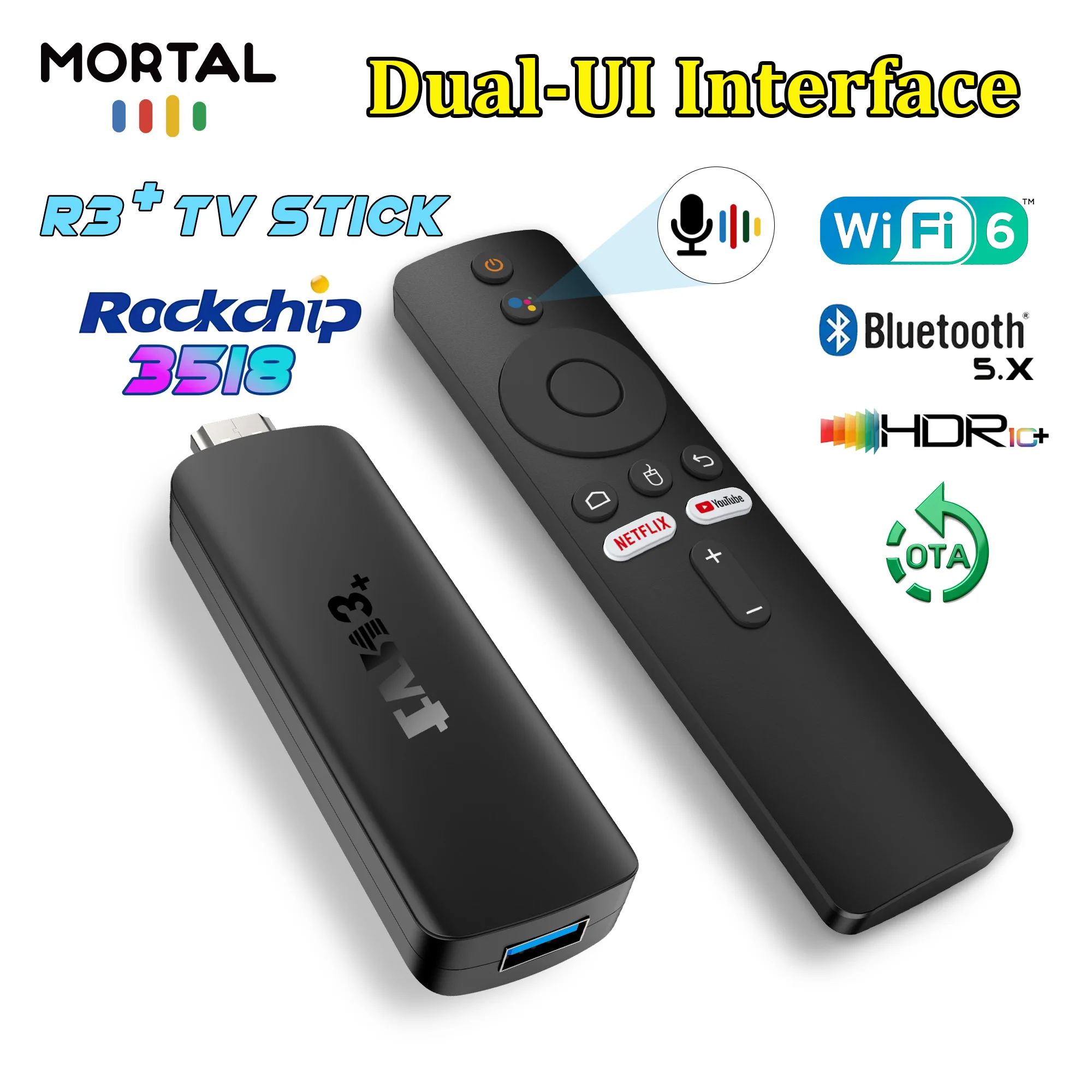 TVR3 + Android 14 TV Stick Full HD 8K 1080P WiFi 6 Google Voice NETFLIX Youtube Bluetooth 5,4 reproductor multimedia decodificación de vídeo inalámbrico