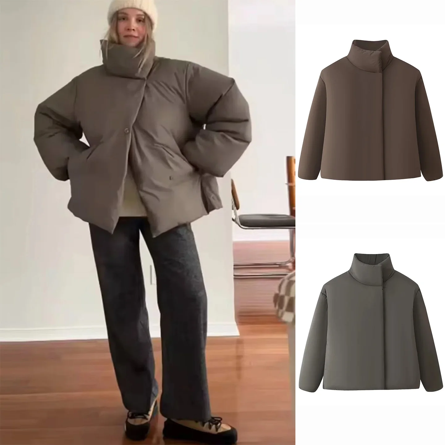 

Новое зимнее женское пальто Lazy Sle Loose Fit с воротником-стойкой и длинными пуговицами, хлопковое пальто Jaet, прямое пальто с застежкой-молнией...