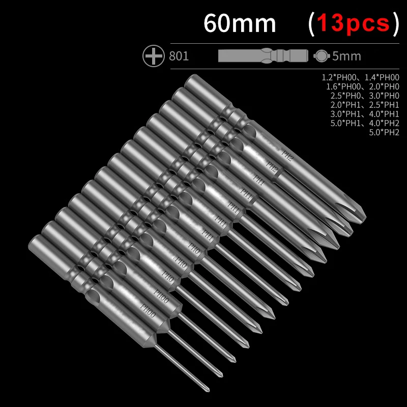 13pcs/set Magnetic Electric 801 5mm Round Shank Phillips Screwdriver Bit Cross Head PH00 PH0 PH1 PH2 Hand Tools 60mm Full length