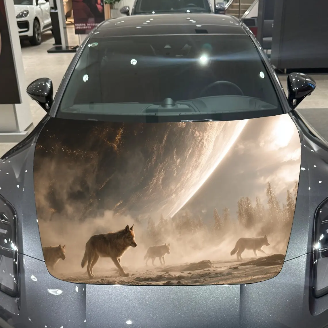 شارات السيارة حزمة الذئب في الخيال العلمي - المناظر الطبيعية الضبابية المستوحاة من Fi مع مشهد الجسم السماوي خلق ملصق غطاء السيارة، مقاوم للماء الذاتي