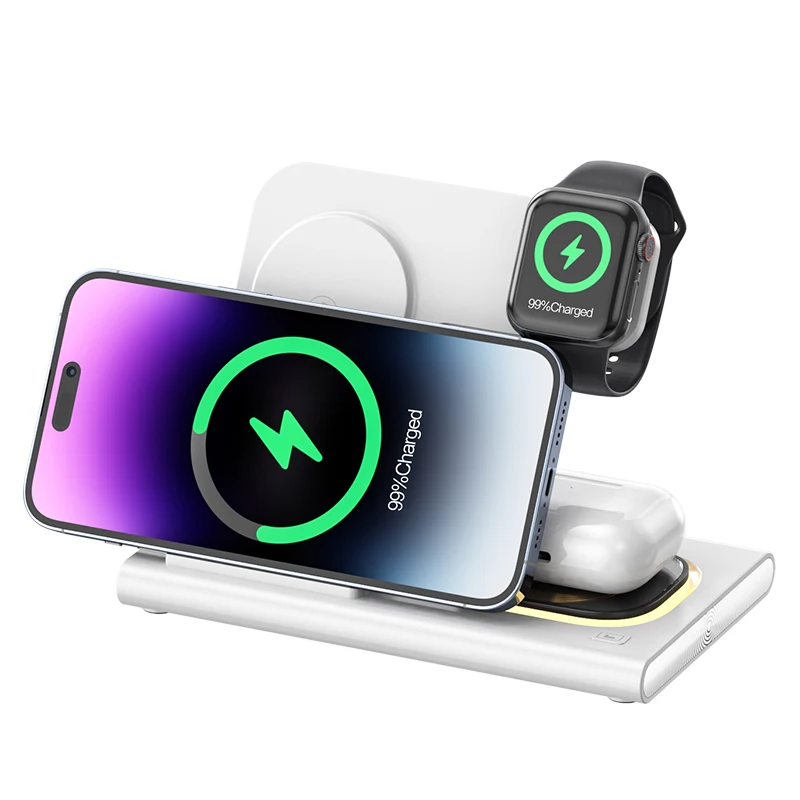 

2025 4 in 1 Wireless Fast Charger Station OEM LOGO with Night Light for Dual 10W Mobile Phone Inductive Charger Station