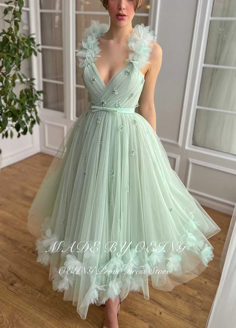 OEING Pastrol Mint Green Prom Dresses Fairy 3D Flowers Party Dress For Women Princess Tea Length Formal Wedding Gowns Summer