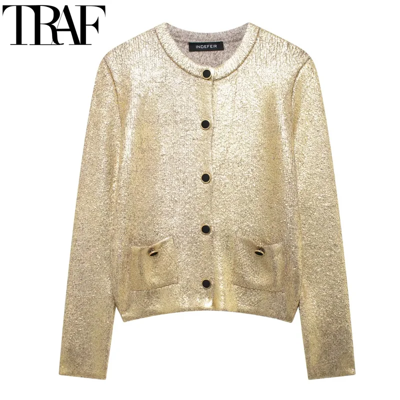 

TRAF Foil Cropped Cardigans Autumn Long Sleeve Gold Knitted Cardigan Women Glitter Winter Button Knit Outerwear Short Sweaters