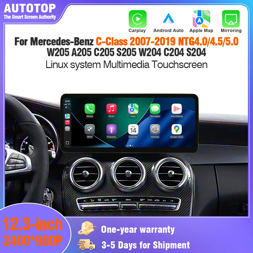 AUTOTOP 10.25/12.3" Car Multimedia Player for Mercedes-Benz C-Class W204 C204 S204 W205 A205 C205 S205 2007-2019 NTG4.0 NTG4.5 NTG5.0,Wireless CarPlay Android Auto,12.3" Ultra-Thin Touch Screen with