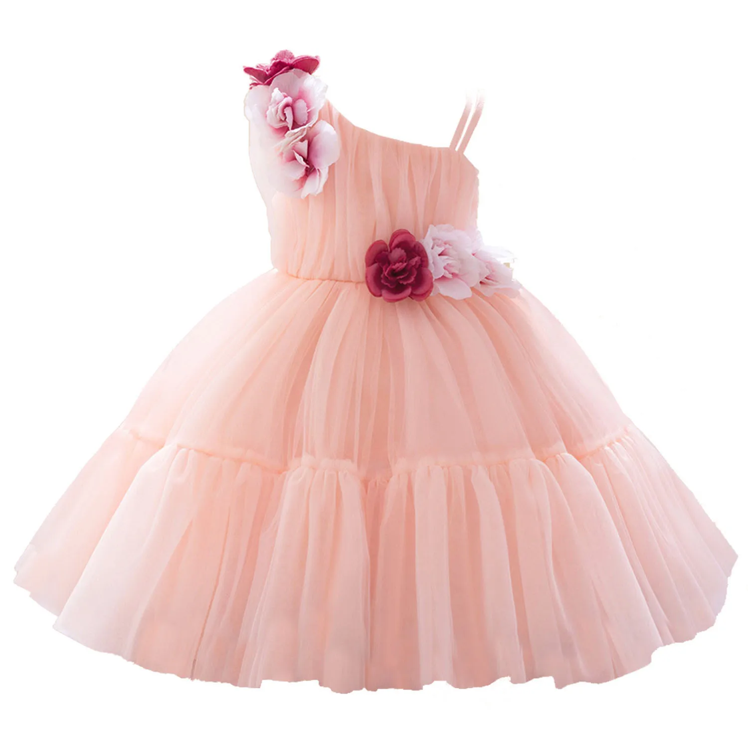 Vestido de tule de um ombro para bebês, florista 3D, festa de aniversário, cerimônia de formatura, concurso infantil, 6M-4 anos