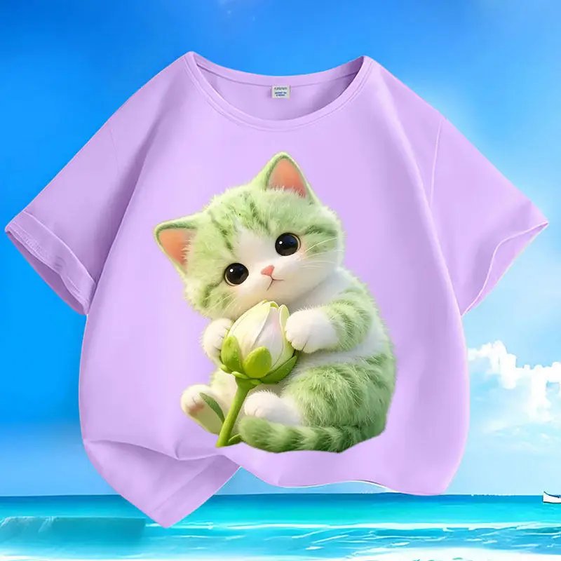 Cute Cat Summer Cartoon New Children's Short Sleeve T-shirt Pure Cotton Round Neck Loose Parent Child Versatile Top