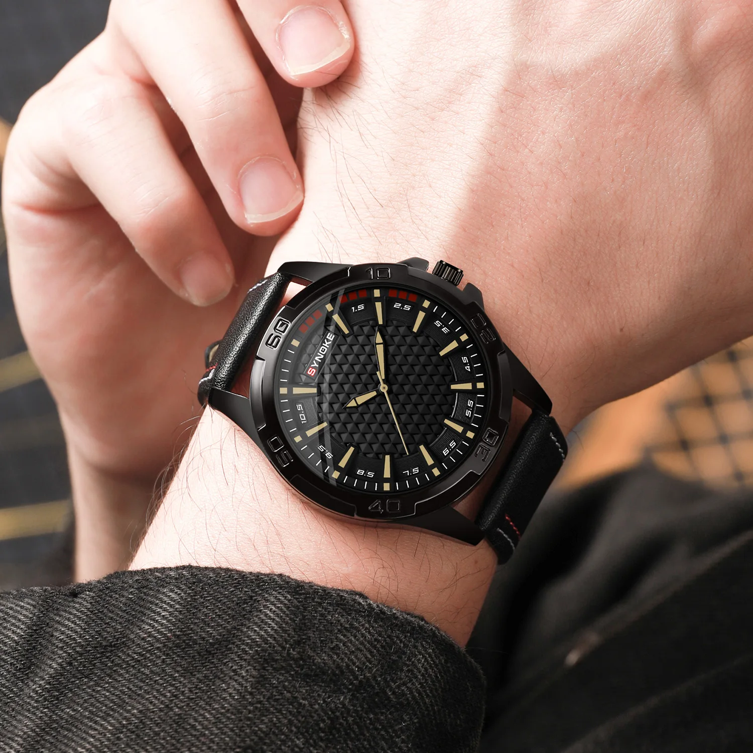 남성용 시계, 합금 케이스, 가죽 스트랩, SYNOKE 6177