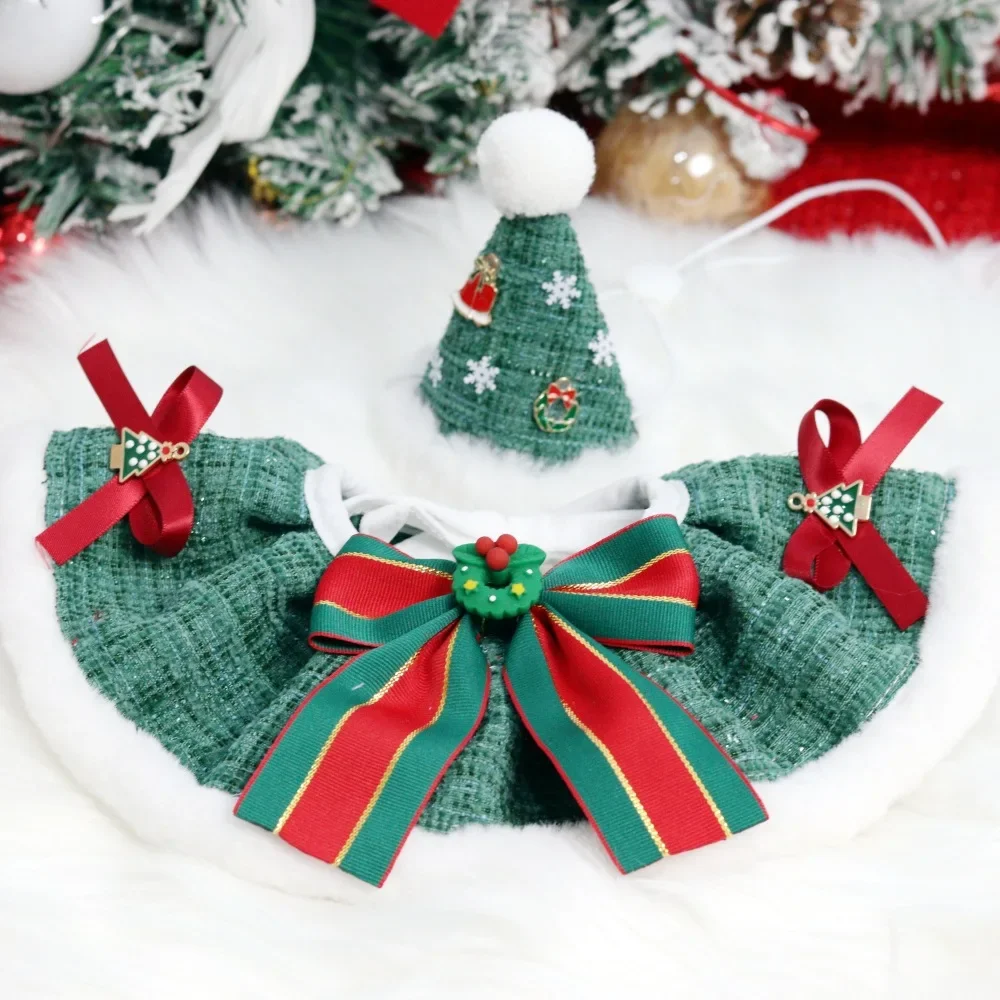 Pet Christmas Collar Hat Christmas Set, Pet Christmas Hat Dog Bib Cat Accessories Dog Accessories for Small Dogs