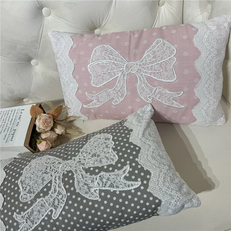 Lace Bowknot Pillow Korean Wave Point Embroidered Sofa Decorative Cushion Cover Elegant Pink Grey Rectangular Bedroom Pillowcase