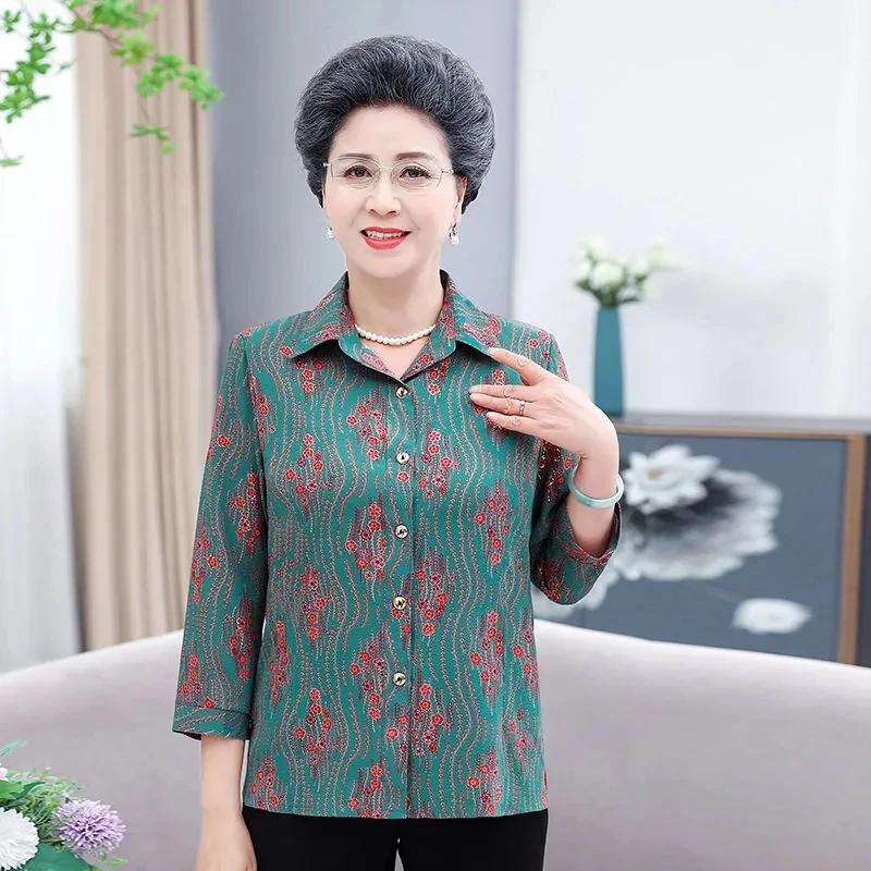 

Summer New 3/4 Sleeve Single Breasted Cardigan Shirt Mother Blusa Casual Tops Mujer Blouses Middle Aged Women Print Blouse