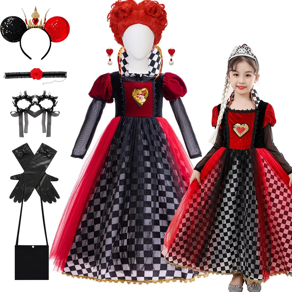 Girls Red Queen Costume Vintage Checkered Red Black Fancy Dress with Heart Accent Tulle Skirt for Halloween Carnival Cosplay