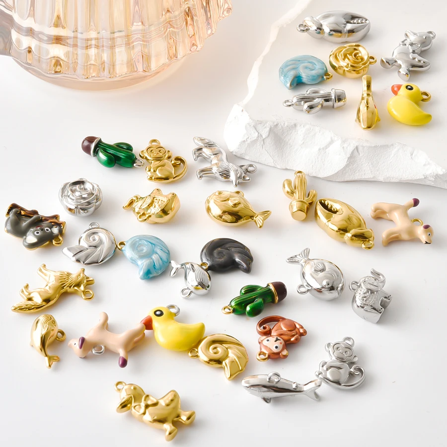 10Pcs 3D Simulate Animal Plant Charms For Jewelry Stainless Steel Monkey Duck Cactus Flower No Fade Pendant Necklace Making